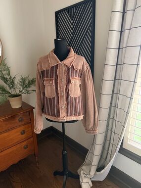 Pol Striped Corduroy Button-Up Jacket in Dusty Rose and Brown large